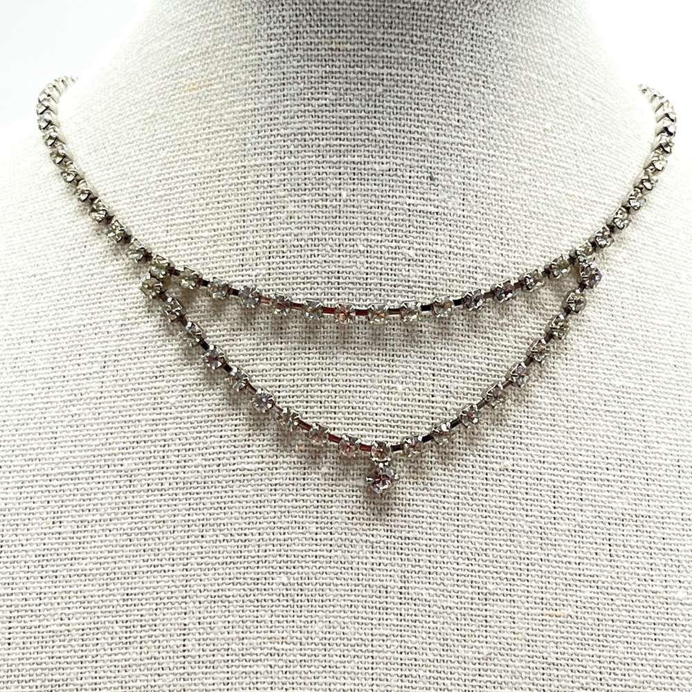 Vintage Sparkling Rhinestone Diamanté Choker Double Layer Silver Tone Necklace